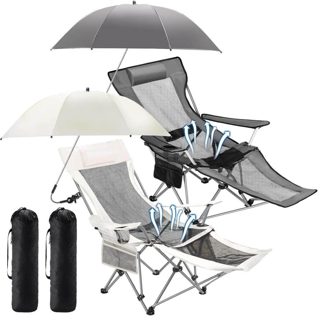 2 Set Reclining Beach Chair and Umbrella for Adults, Outdoor Camping Foldable Sand Chairs with Umbrella, SPF 50+, High Back, with Foot Rest, Cup Holder and Mesh Bag (Gray, Beige)