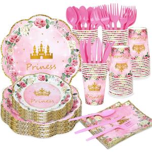 168 Pieces Pink Princess Disposable Party Dinnerware - Princess Paper Plates Napkins Cups Plastic Forks Knives Spoons For Girls Kids Birthday Party Baby Shower Decorations