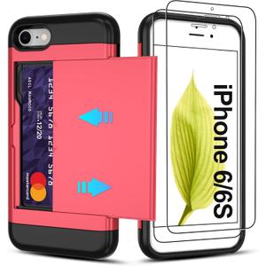for iPhone 6/6S Case with Card Holder2 Pcs HD Screen Protector Slim Heavy Duty Dual Layer Shockproof DesignHidden Card Slot Wallet Case for iPhone 6/6S Phone Case -Red