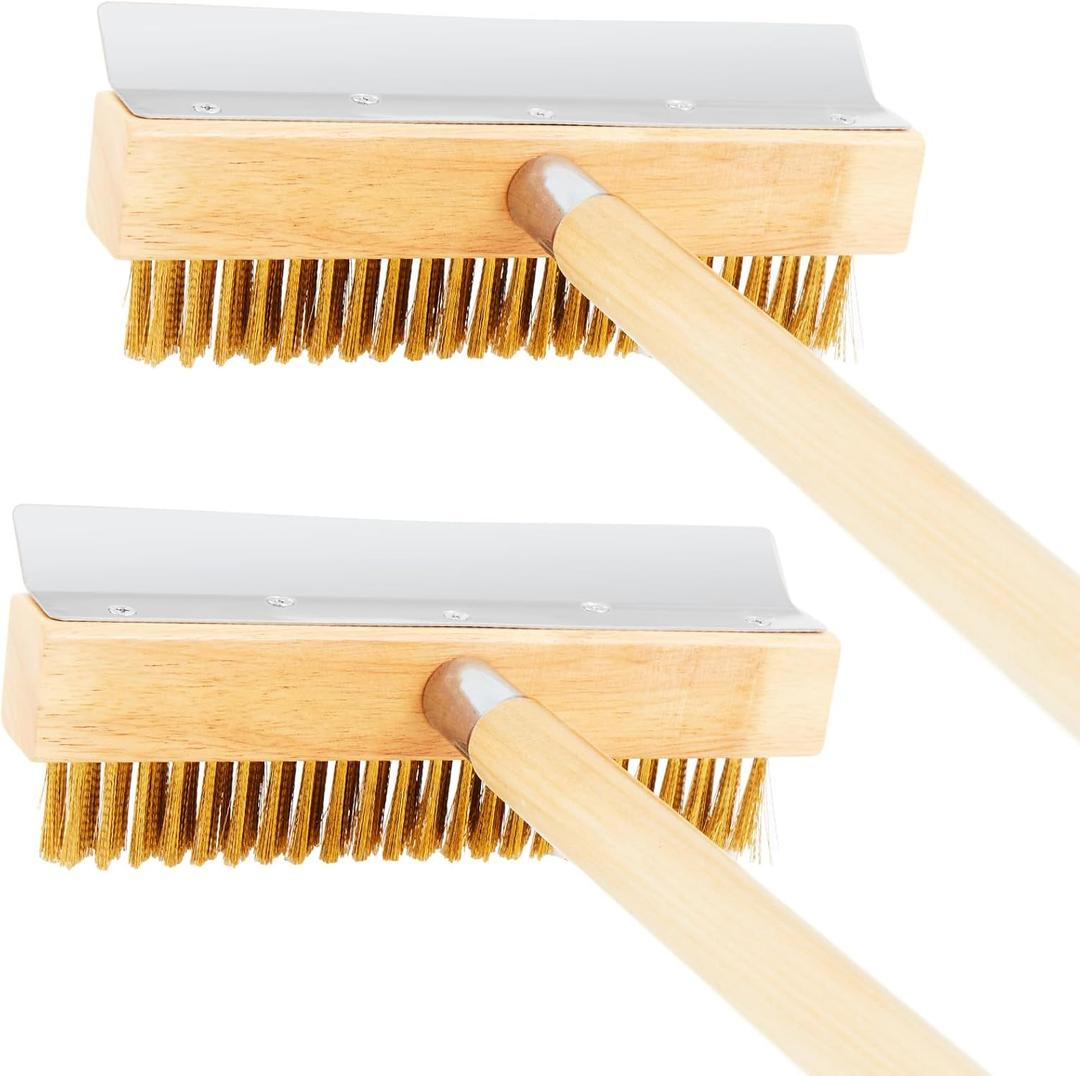 Reallnaive 2 Pack 37 Inch Wood Handle Pizza Oven Brush with Scraper Outdoor Pizza Oven Cleaning Brush Tool, Aluminum Threaded Tip, Brass Bristles with Steel Scraper