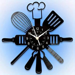 Kitchen Wall Clock with LED Lights, Black Metal Utensils Design, 11.81x11.81 Inch, Modern Decorative Clock for Living Room, Dining Room