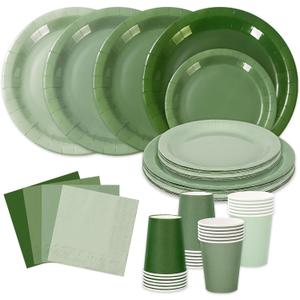 Whaline 96Pcs Sage Green Tableware Set Serves 24 Gradient Green Disposable Dinnerware 24 9" Plates 24 7" Plate 24 9oz Cups 24 Napkins for Wedding Birthday Party Supplies