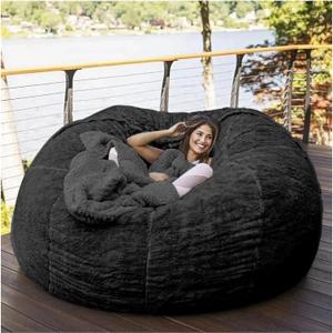 Bean Bag,Giant Fur Bean Bag Chair Cover for Adults Kids (Without Filling) Comfy Fluffy Giant Round Beanbag Lazy Sofa Cover for Reading Chair Floor Chair Lazy Sofa Bed Cover Soft Fluffy Faux BeanBag (6FT, Black)