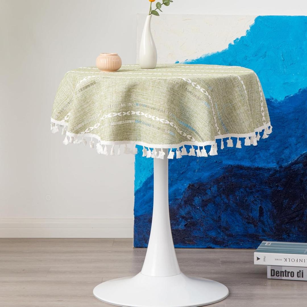 Rustic Linen Round Small Tablecloth Striped Embroidered Washable Sage Green Table Cover Farmhouse Stitching Tassel Table Cloth for Kitchen Dining Room Tabletop Decoration 36 Inch