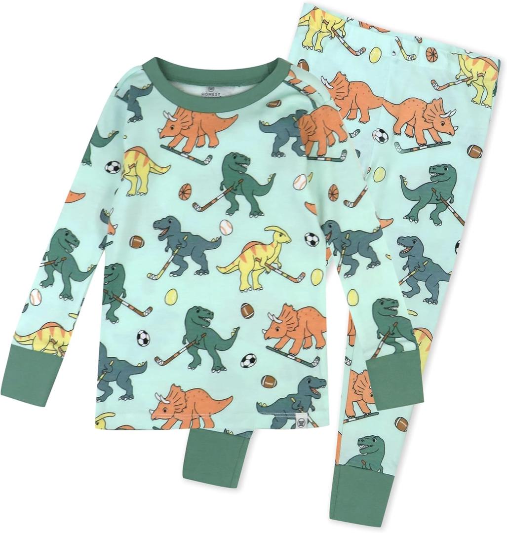 HonestBaby unisex-baby Celebration 2-piece Pajamas Sleepwear Pjs 100% Organic Cotton for Baby, Toddler, Kids (3T, Dino Mite Athlete Eggs)