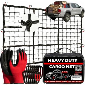 Heavy Duty Cargo Net for Pickup Truck Bed, 4'x6' Stretches to 8'x12' - 4"x4" Mesh 10mm Bungee Truck Bed Net with 12 Metal Carabiners, Anti-Slip Gloves & Guide for Trucks, SUV, Roof Rack