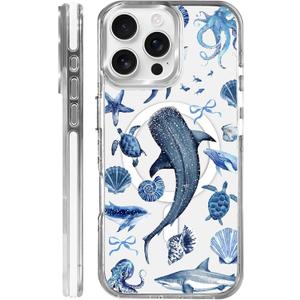 for iPhone 16 Pro Case,Compatible with MagSafe,The Transparent TPU Silicone Protects The Phone Case from Drops, Slips and Fingerprints.Blue Ocean Whale Shark Octopus Turtle Collage