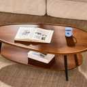 Shrine Oval Coffee Table, Mid-Century Modern Coffee Table, Brown Walnut Wood Table for Living Room, D47''x W23.6''x H15'', Sleek Conical Metal Legs with Black Finish