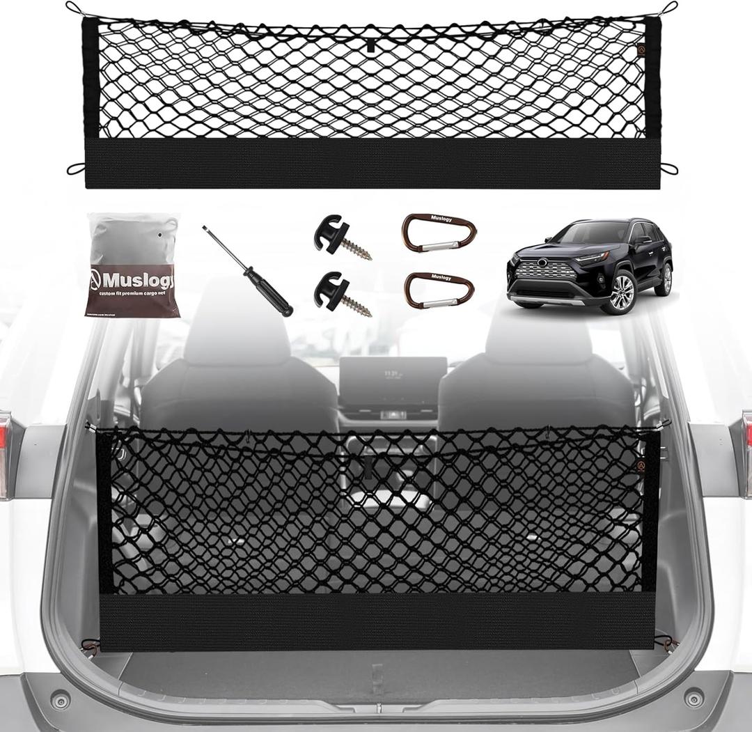 Muslogy Envelope Style Trunk Cargo Net Compatible with Toyota RAV4 2019-2024 2025 Accessories Custom Fit Trunk Organizer Upgraded Storage Luggage Net with Metal Hooks