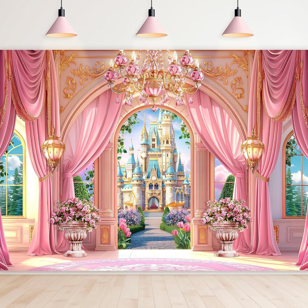 Newsely Princess Castle Garden Backdrop 8Wx6H Photography Pink Palace Curtain Crystal Floral Green Plants Cloud Lamp Sky Cute Background Girly Party Decorations Banner Photo Booth Props Supplies