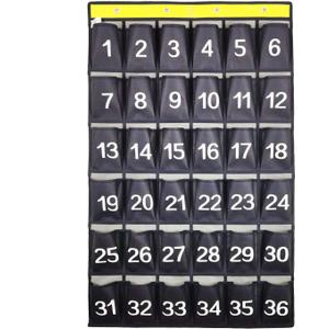 Numbered Cell Phones and Calculator Holder Classroom Pocket Chart Wall Door Hanging Organizer for Sundries (36 Pockets with Digital)
