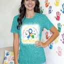 YZMI in April We Wear Blue Autism Awareness Shirt Rainbow Short Sleeve Pattern Tops Bleached L