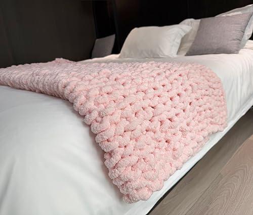Knit Blanket Throw 40"x60", Chenille Throw Blankets, Handmade Warm & Cozy Blanket Couch Bed Home Decor, Soft Breathable Fleece Banket, Christmas for Couch Bed Sofa Best Gift (Pink)