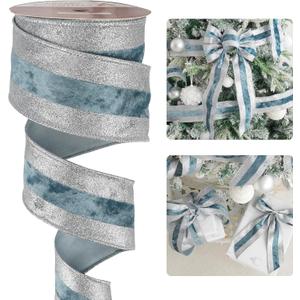 HUIHUANG Blue and Silver Wired Velvet Ribbon with Glitter Silver Stripe - 2.5 inch Dusty Blue, 10 Yards for Christmas Tree, Bows, Wreaths, Gift Wrapping, Garlands