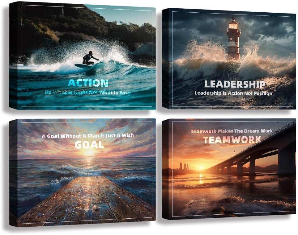 Inspirational Quotes Canvas Art, Motivational Decor Painting, Landscape - Suitable for Library, Office, Living Room - Tabletop/ Hanging, 4-pack (29 x 38 cm) Framed