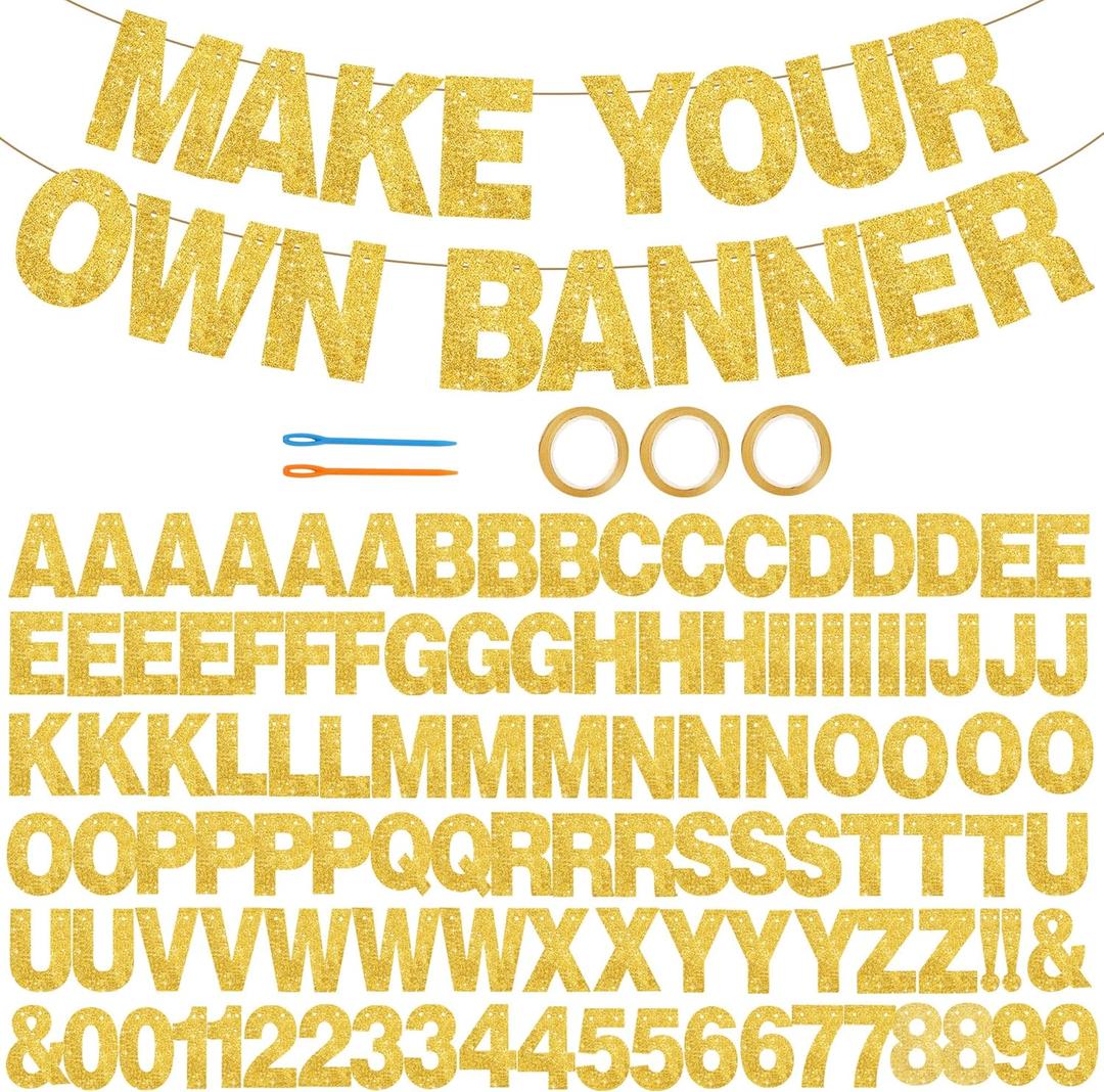 BEISHIDA 116 PCS A-Z Glitter Gold DIY Letter Banner Kit Make Your Own BannerIncluding 111 Letters and Numbers 3 Rope and 2 Threading Device,Customized for Birthday Graduation Wedding Party Decor