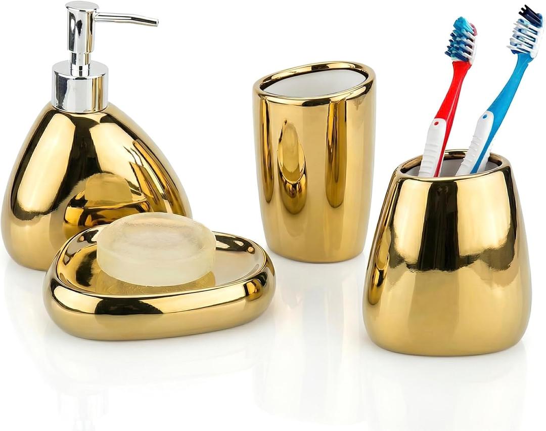 MyGift 4 Pcs Gold Bathroom Accessories Set with Toothbrush Holder, Soap Dispenser, Tumbler and Soap Dish, Bathroom Organizer Accessory for Modern Home Decor, Complete Ceramic