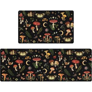 Mushroom Rug Kitchen Mats for Floor Cushioned Anti Fatigue Kitchen Rugs Sets of 2, Non Slip Waterproof Black Kitchen Floor Mat, Comfort Memory Foam Standing Mat for Office Laundry Sink Desk, 46''lx17''w+29''lx17''w-0.4''h