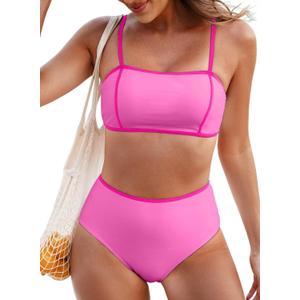 Herseas Women's 2 Pieces Colorblock Bikini Sets Square Neck Swimsuit Adjustable Spaghetti Straps Bathing Suit (Pink, XL)