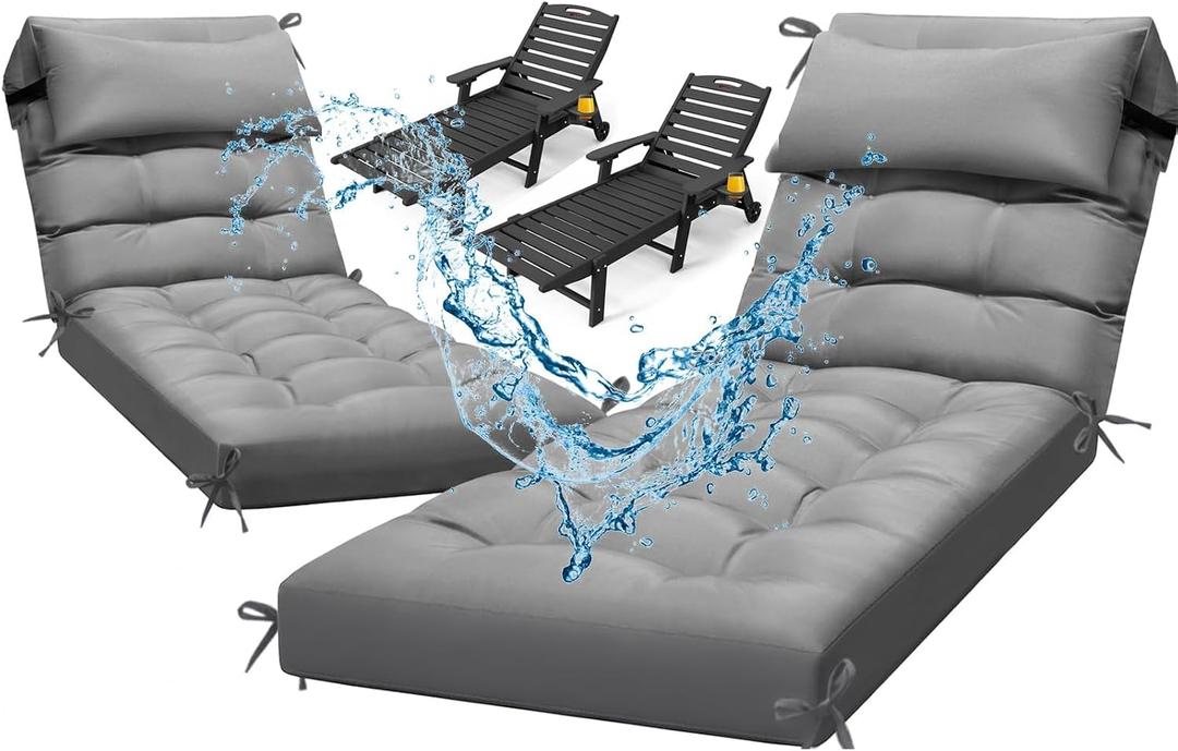 Waterproof Lounge Chair Cushion Set of 2, Outdoor Fade Resistant Chaise Lounger Replacement Cushions with 6 Ties, Thickened Memory Foam Pool Lounge Chair Cushions, 76 x 22 x 4.7 Inches, Gray6#, 2 Pack