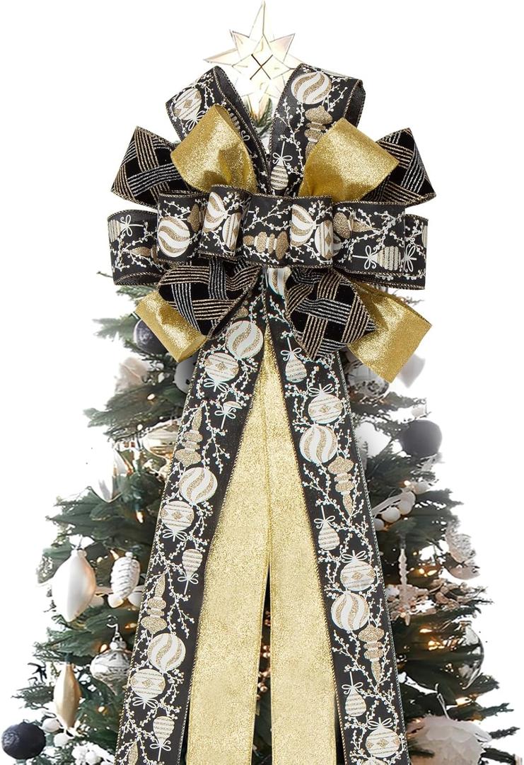 Choies Christmas Tree Topper Bow,53x13 Inches Large Christmas Bow with Glitter Streamer and Patterned Ribbon,Black and Gold Tree Topper Bows for Xmas Tree Wreaths Door Staircase Home Decor