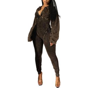 Voghtic Women's Sexy v Neck Bodycon Jumpsuit Distressed Long Sleeve Full Length Leggings Stretch One Piece Outfits (Large, Black)
