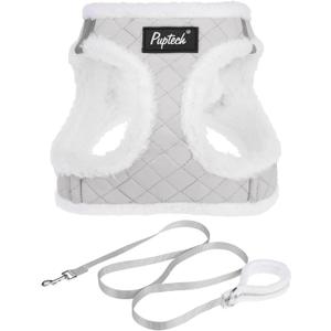 PUPTECK Plush Dog Harness and Leash Set for Small Dogs No Pull Step-in Soft Mesh Puppy Cat Winter Vest Harnesses Reflective at Night Warm, Plush Grey, XS (XS(CHEST 13"-14.5", 3-9 lbs))
