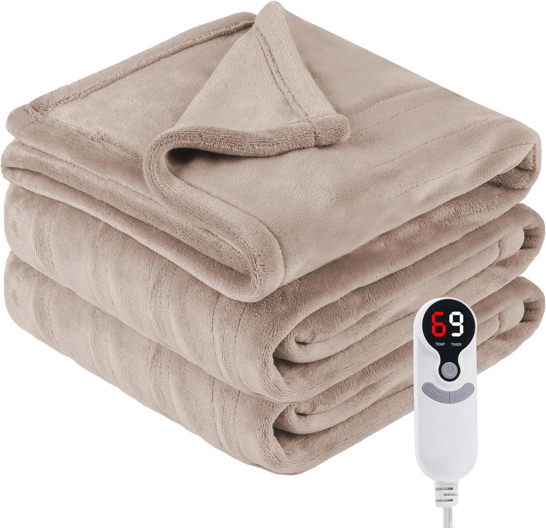Electric Heated Blanket Twin Size 62"x84", Fast Heating Throw, Soft Plush Microplush for Bed & Couch, 1-10 Hours Auto Off & 6 Heating Levels, Machine Washable, Gifts for Grandma & Family-Camel