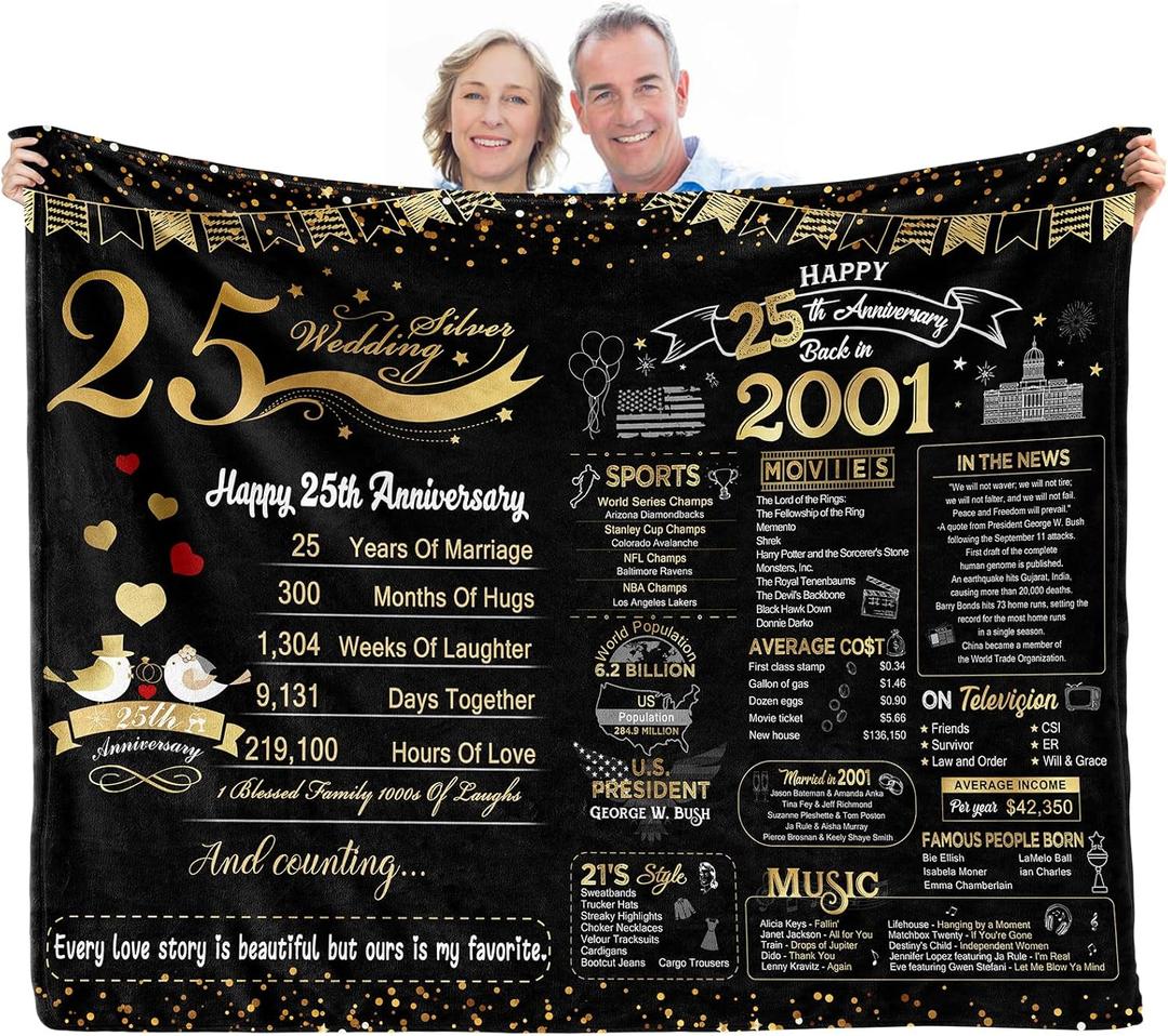elseven 25th Anniversary Wedding Gift 25th Wedding for Her 25 Year Anniversary for Couples Wife Husband Best Anniversary Blanket Present Throw Blanket 60 x 50 Inch (Golden)