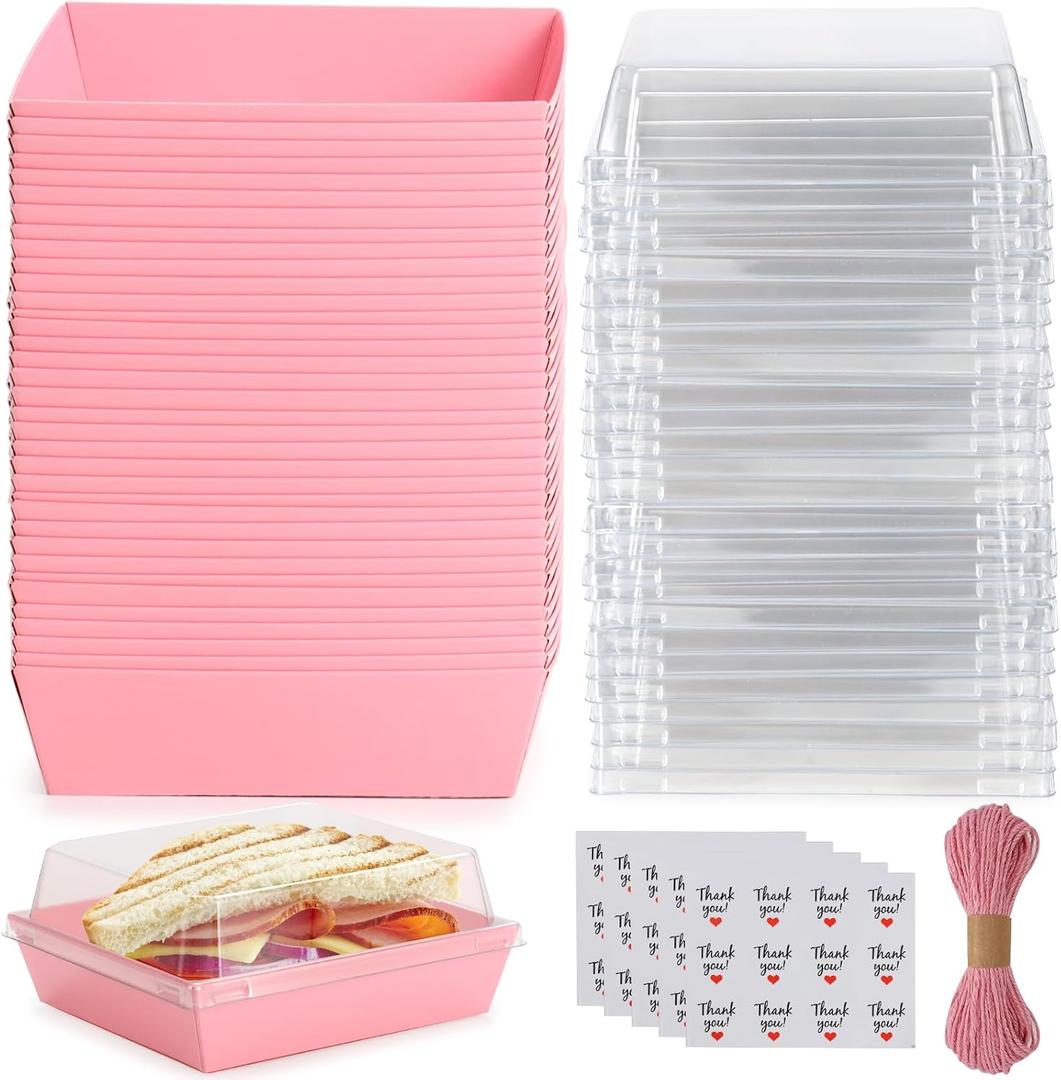 Charcuterie Boxes with Clear Lids,50 Pack Pink Square Disposable Paper Food Containers to Go Desserts Bakery Boxes for Strawberries, Cake Slice, Donuts, Sandwich, Party, Wedding, Home Use & Outdoors