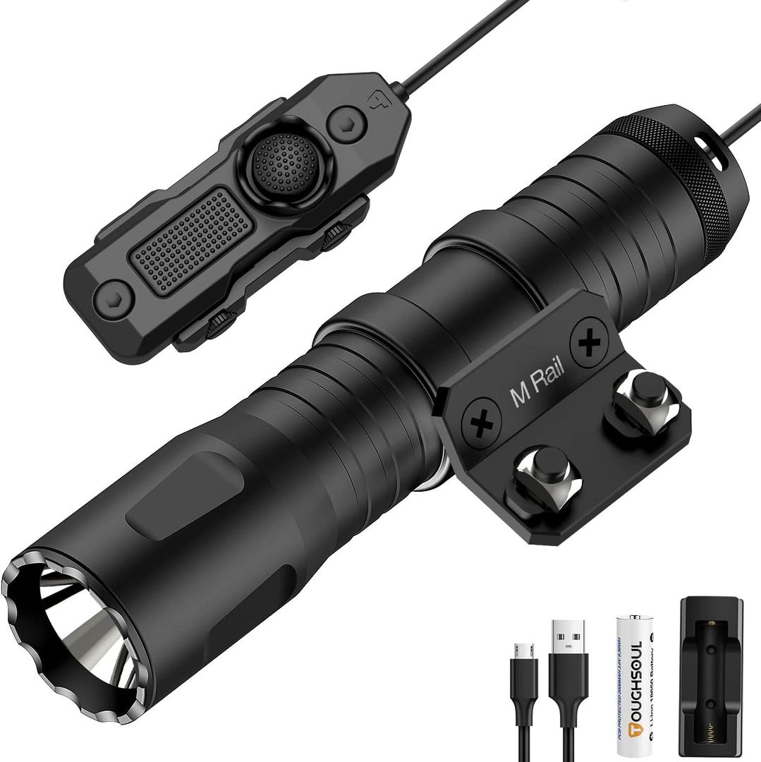 TOUGHSOUL M-Rail Picatinny Tactical Flashlight 1250 Lumens, Rechargeable Flashlight with Remote Pressure Switch LED Light with Rechargeable Batteries and Charger Included (M-Rail Mounted)
