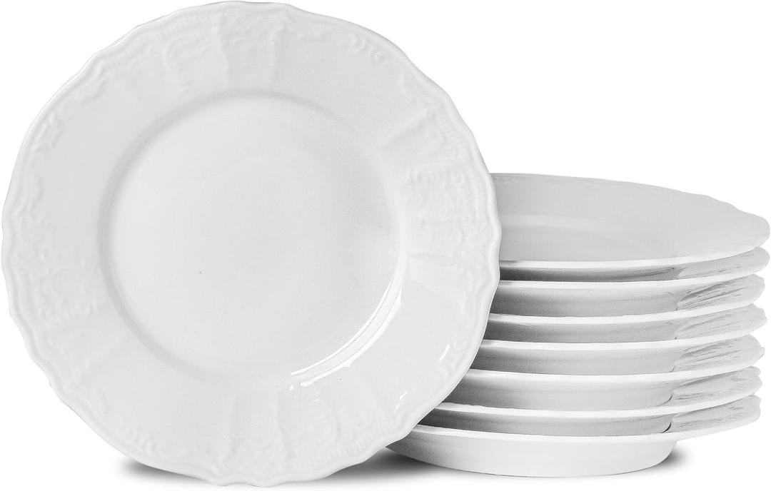 Neaylfe 8 Piece Embossed Ceramic Appetizer & Dessert Plates, 7.5 Inch White Round Salad Plate, Porcelain Dinner Dishes for Dessert, Cake, Snack, Waffles, Dishwasher & Microwave Safe
