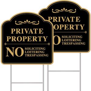 Private Property No Soliciting Sign for House, No Soliciting Yard Sign, 2-Pack 12"x12" Double-Sided H-Stake Metal Stakes, Outdoor Yard Sign for Home and Front Door, Easy To Install (Color-04)