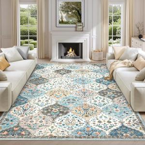 9x12 Area Rug Large Machine Washable Rug for Living Room Moroccan Trellis Accent Rug Stain Resistant Non-Slip Carpet Farmhouse Vintage Distressed Floral Floor Cover for Bedroom, Blue/Taupe