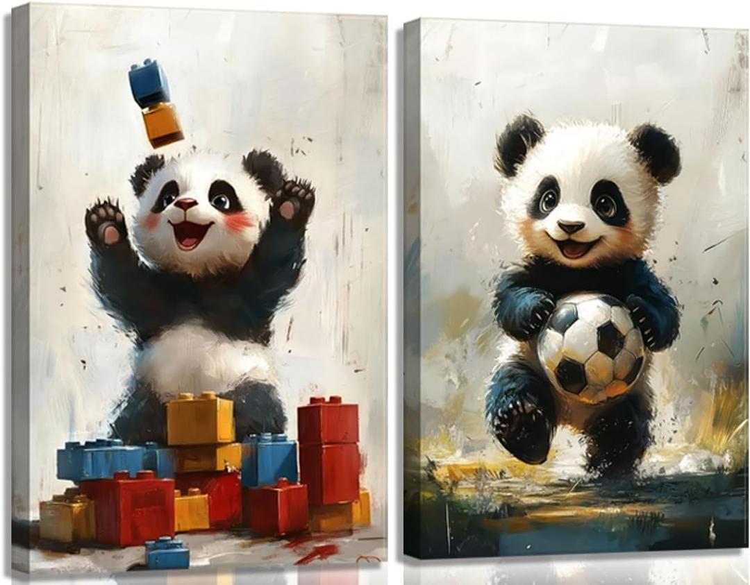 2Pcs Cute Panda Canvas Wall Art Nursery Baby Bear football Wall Decor Pictures Watercolor Animal Sports Painting Kids Room Posters Print for living Children Baby Bedroom Classroom Decoration (10L" x 8W")