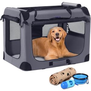 Petprsco 40 Inch Collapsible Dog Crate, Portable Dog Crates for Large Dogs, XL Dog Crate for Travel, 3 Door Soft Dog Kennel with Durable Mesh Windows Indoor & Outside, Gray