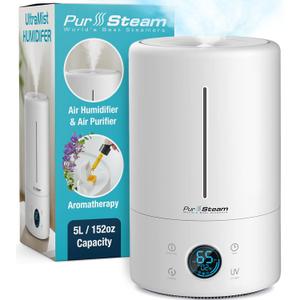 PurSteam Humidifiers for Large Room & Bedroom, 5L Cool Mist Ultrasonic Whisper-Quiet Oil Diffuser for Baby Nursery and Plants, Humidifying Unit for Whole House, Auto Shut-Off, Up to 20h of Operating