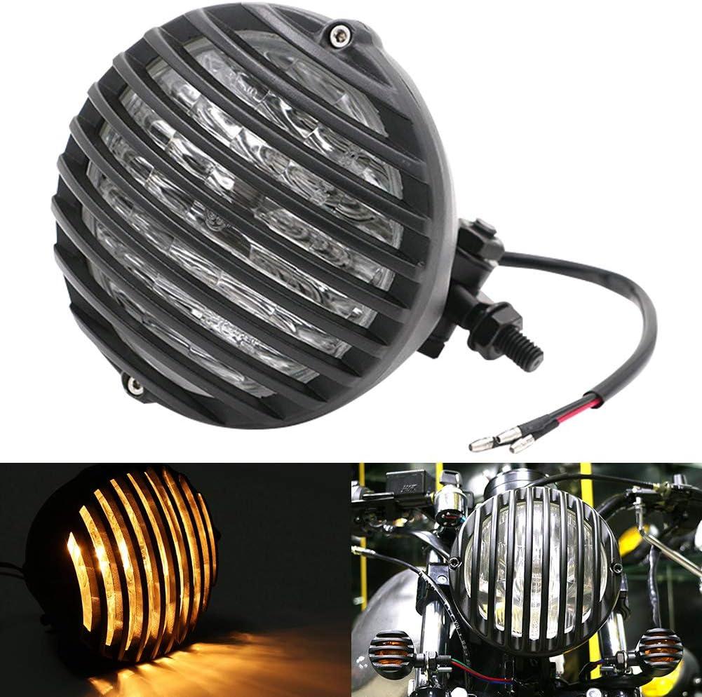 5.5 Inch Universal Motorcycle Headlight Retro Grill Single Round 12V 55W Halogen Headlamp Bulb for Honda Suzuki Chopper Bobber (Black)
