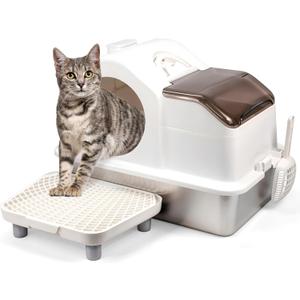 Stainless Steel Cat Litter Box with Lid, Enclosed Litter Box with Scoop, High Sided, Anti-Urine Leakage, Odor Control, Non-Sticky, Removable Lid for Semi-Enclosed Use