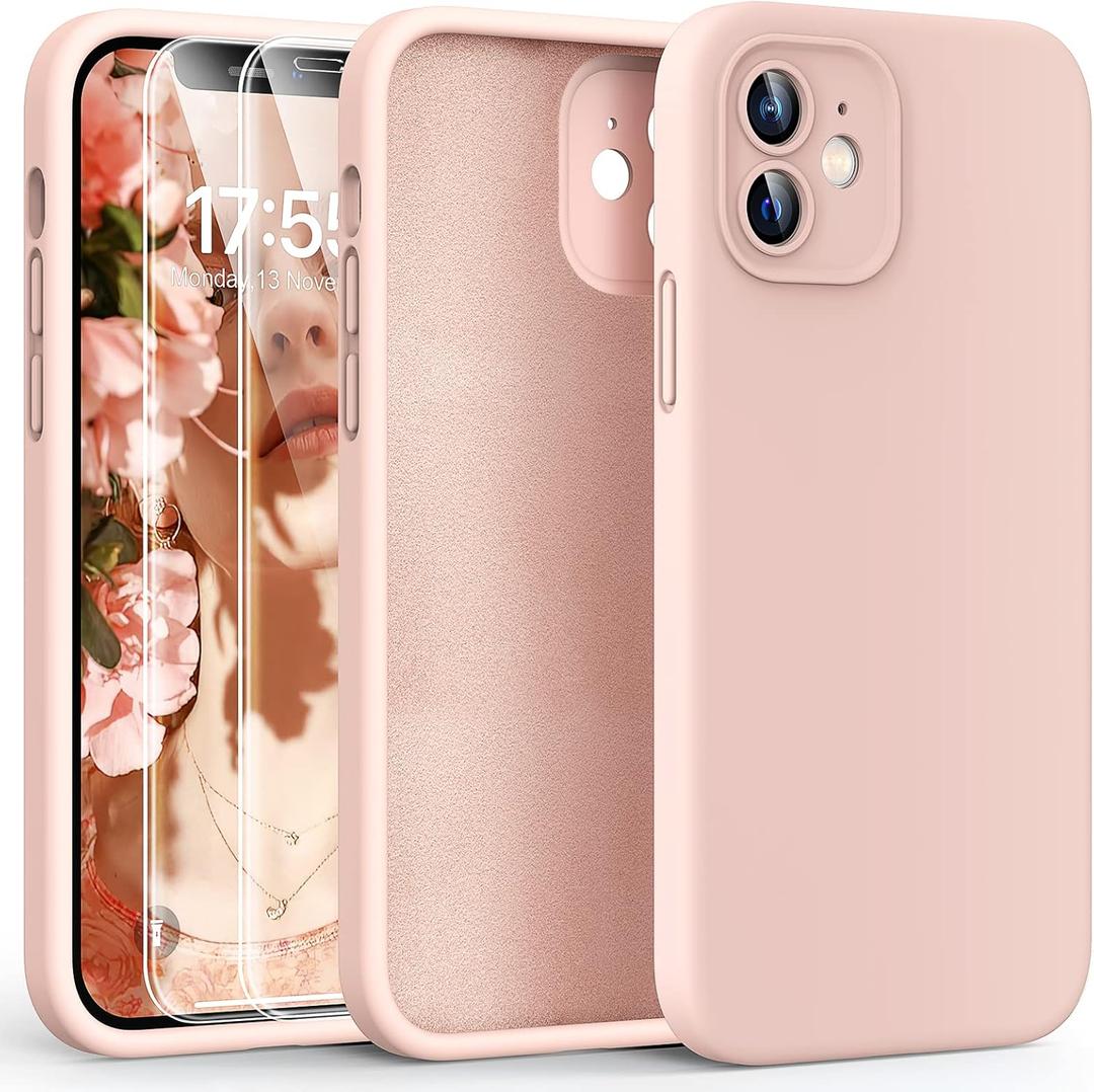 HATOSHI for iPhone 12 Case, [Upgraded Camera Protection] Liquid Silicone Phone Case with 2 Screen Protectors, Soft Anti-Scratch Microfiber Lining Shockproof Phone Cover, 6.1 inch, Pink
