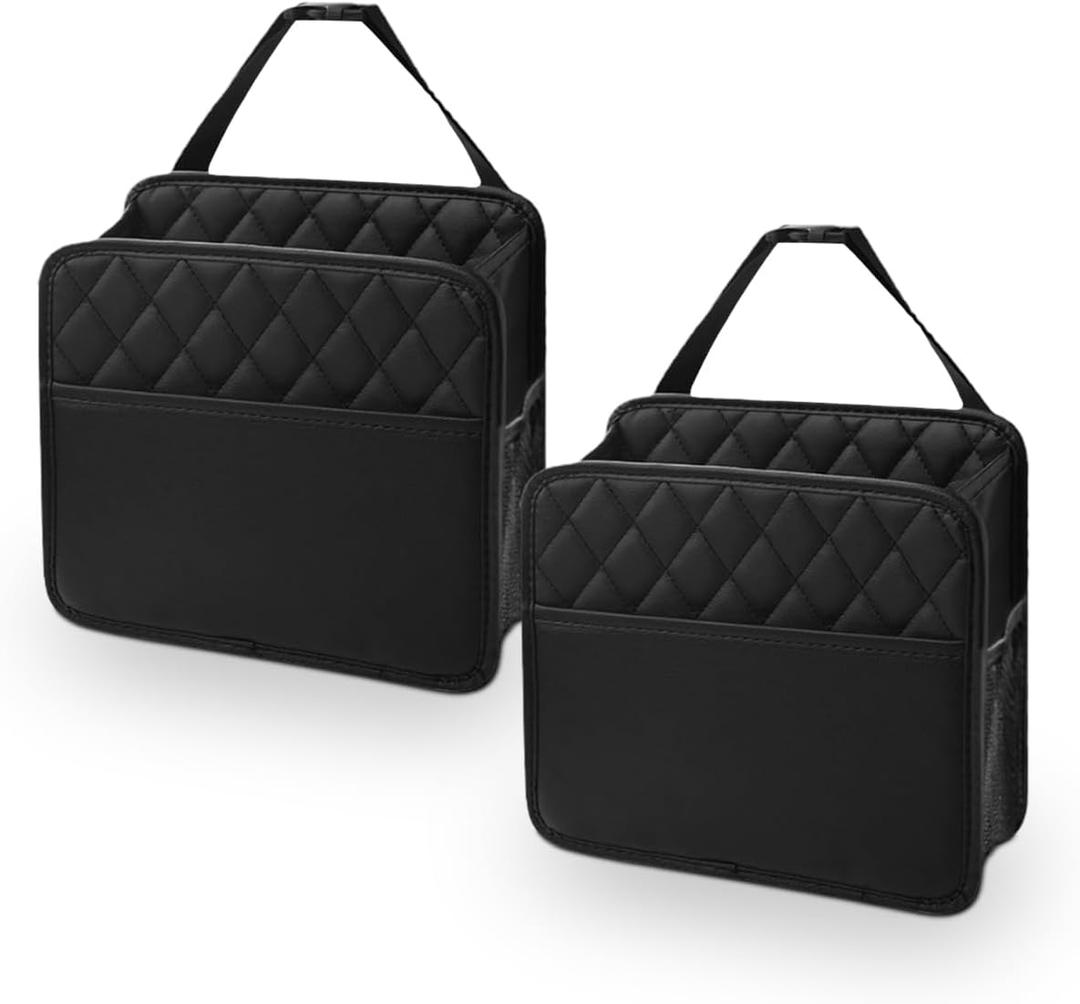 Foldable Car Seat Back Organizer, Large Capacity Hanging Car Backseat Storage Bag with Cup Holders, PU Leather Waterproof Car Trash Bag Can, Car Travel Accessories for Most Vehicles (2)