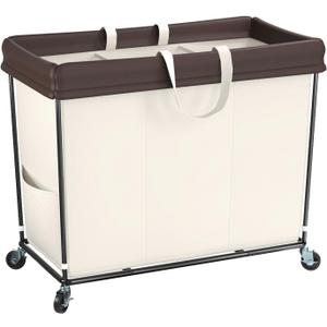 320L Laundry Hamper with Wheels, 3 Section Large Rolling Laundry Basket Bag with Wheels, Clothes Hamper Cart for Laundry, Bedroom, Bathroom and Dorm (Beige)