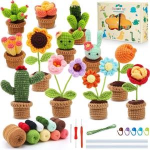 HunnmingRe 12 Pcs Christmas Crochet Gift Kit for Beginner, Mini Potted Succulent Plants DIY Craft Kit for Starters with Video Tutorials Classroom Craft for Adults Birthday Xmas Decoration