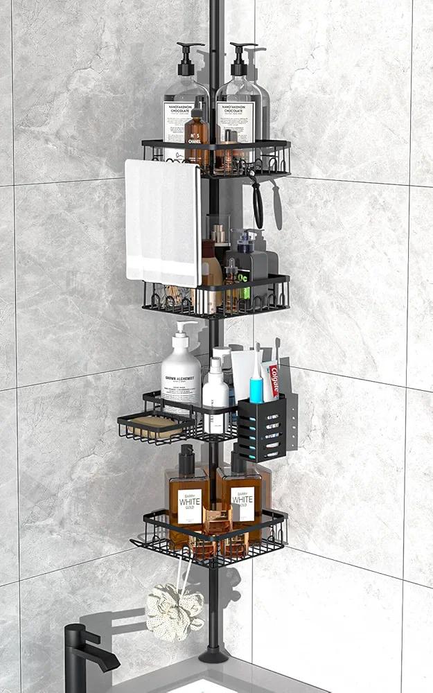 Shower Caddy Corner Rustproof 4 Tier Adjustable 34 to 101 Inch Shower Organizer Tension Pole Floor Standing Bath Rack with Rod for Bathroom & Bathtub - Black