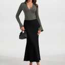 PINKMSTYLE Women Sexy V Neck Long Sleeve Bodysuit Slim Fit Ruched Going Out Y2K Top Flared Sleeve Collared Shirts Fall Outfit (Medium, Gray Green)