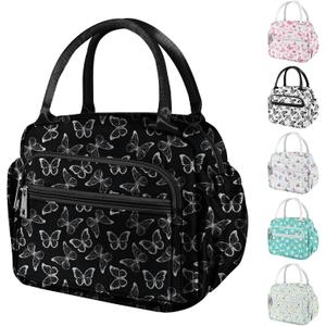Lunch Bag Women Stylish Quilted Lunch Boxes for Adult Fit and Fresh Cooler Insulated Lunchbox for Work Cute Large 11 Liters Compact Lunchbag Waterproof (white butterfly)