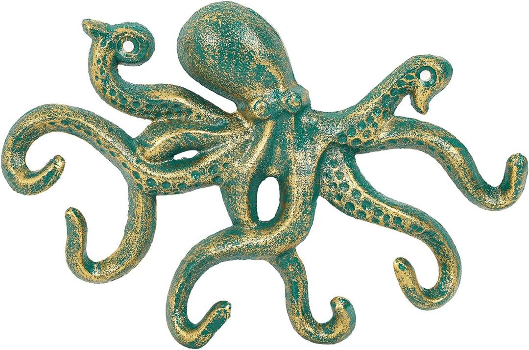 Sungmor Cast Iron Key Holder for Wall, Decorative Octopus Hanger with 6 Hooks, Vintage Green Wall Hooks for Towel, Bathrobe, Necklaces, Purse, Dog Leashes, Bathroom Nautical Decor