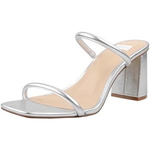 BCTEX COLL Women's High Heeled Sandals Two Strap Square Toe Slip on Comfortable Chunky Strappy Heels for Women, Silver, Size 6.5