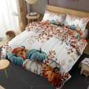 Pumpkin Orange Blue Comforter Set for Toddlers Teens Adults King, Autumn Leaves Botanical Bedding Sets Water Washed Microfiber Bedding with 1 Comforter 2 Pillowcase All Season