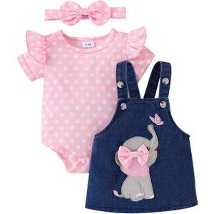 Baby Girl Clothes Suspender Skirt Newborn Ruffled Romper + Elephant Jeans Dress + Headband Summer Outfits9-12 Months